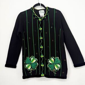 The Quacker Factory Black Green St Patrick's Day Clover Bead Sequin Cardigan